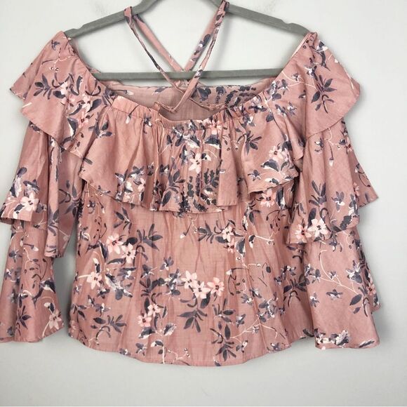 EXPRESS | Floral Off the Shoulder V Halter Blouse Purple Blue Women’s Size XS - Picture 9 of 10